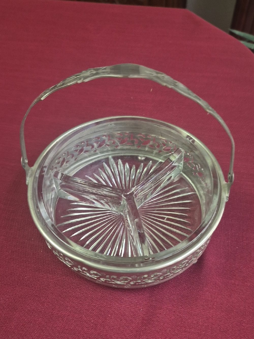 Clear Glass Divided Relish Serving Dish with Metal Liner And Handle